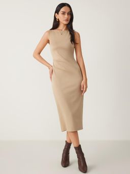 Cider - Khaki Jersey Solid Sleeveless Zipper Midi Dress