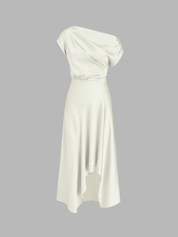 Cider - Cream Asymmetrical Neck Ruffle Maxi Dress