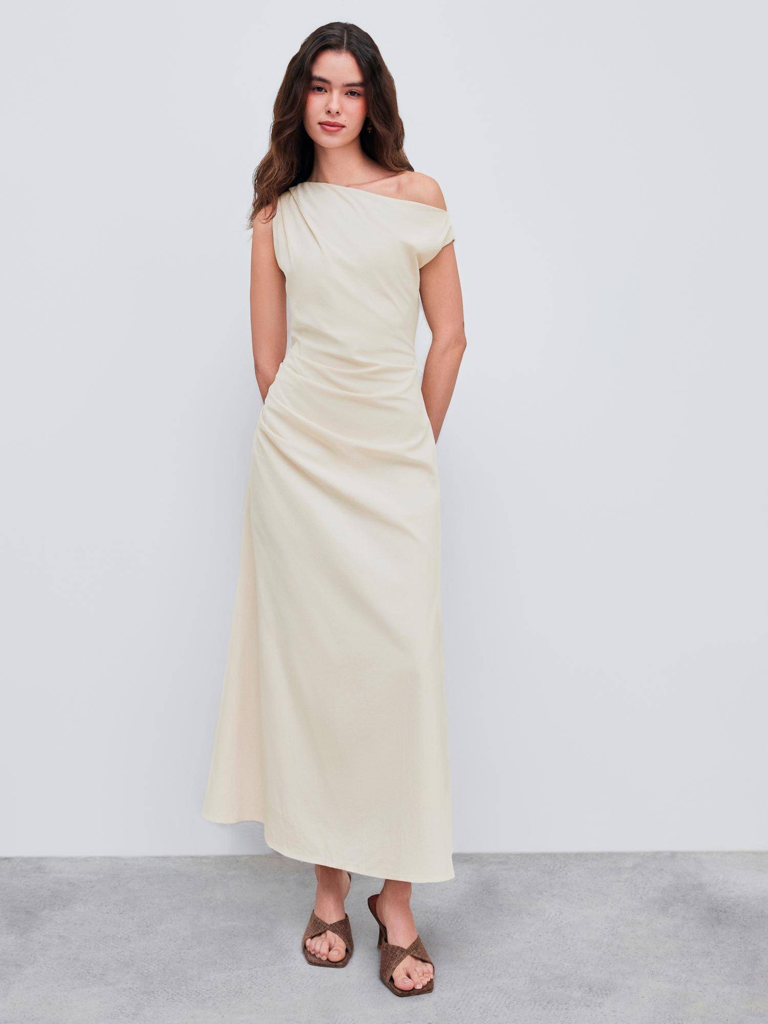 cider Beige Asymmetrical Neck Solid Ruched Maxi Dress-picture-28