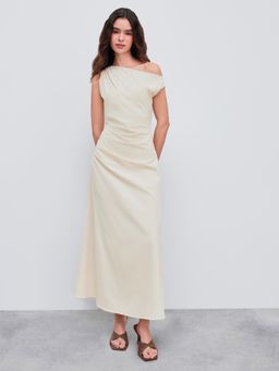 Cider - Beige Asymmetrical Neck Solid Ruched Maxi Dress