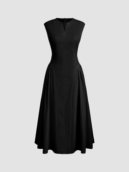 Cider - Black Round Neck Solid Pleated Sleeveless Maxi Dress