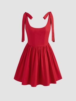 Cider - Red Cotton Scoop Neckline Solid Knotted Ruffle Mini Dress