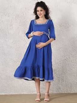 Secret Wish - Blue Solid Rayon Maternity Dress