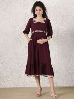 Secret Wish - Wine Solid Rayon Maternity Dress