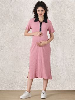 Secret Wish - Pink Solid Ribbed Maternity Bodycon Dress