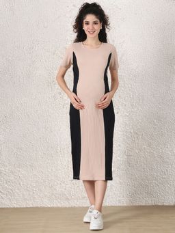 Secret Wish - Beige and Black Solid Ribbed Maternity Bodycon Dress