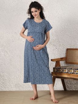 Secret Wish - Blue Printed Hosiery Maternity Nighty