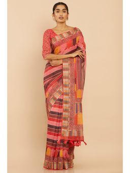 Soch - Women Multi-Color Linen Stripes Saree with Unstitched Blouse