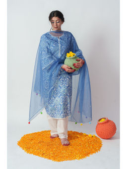 Aruma - Blue Pottery Block Printed Kurta with Pant and Dupatta (Set of 3)