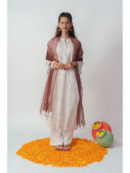 Aruma - Browny Jaal Block Printed White Kurta with Palazzo and Dupatta (Set of 3)