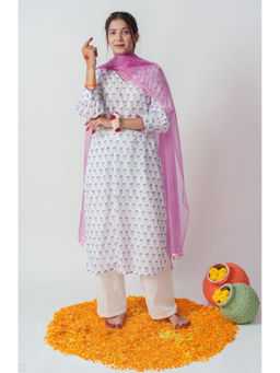 Aruma - Royal Purple Block Printed Kurta with Pant and Dupatta (Set of 3)