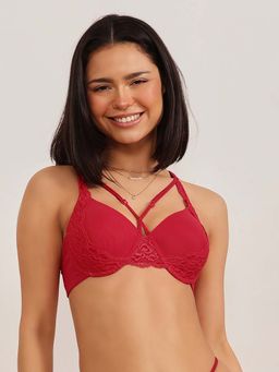 Clovia - Lace Solid Padded Full Cup Underwired Bralette Bra - Red