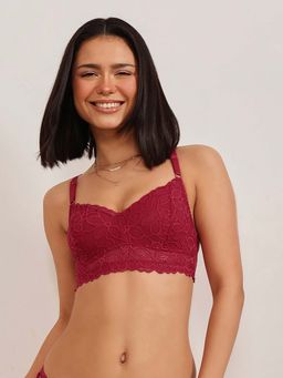 Clovia - Lace Floral Non-Padded Full Cup Wirefree Bralette Bra - Maroon