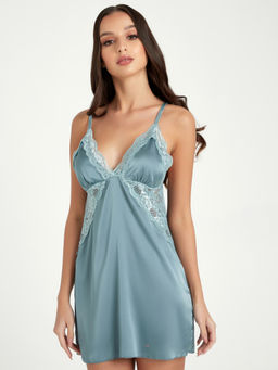 Styli - Women's Blue Lace Trim Sleeveless Mini Babydoll