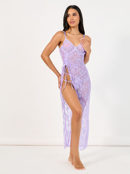 Styli - Women's Lilac Lace Sheer Adjustable Straps Maxi Dress