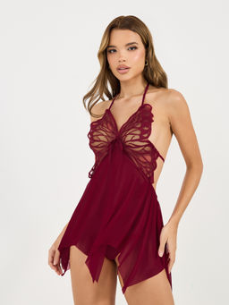 Styli - Women's Maroon Butterfly Lace Halter Neck Sleeveless Mini Babydoll