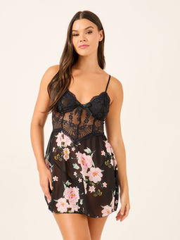 Styli - Women's Black Floral Lace Sheer Adjustable Straps Mini Babydoll
