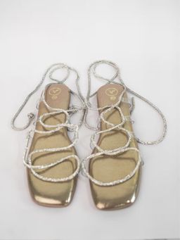 Sana K Luxurious Footwear - Gold Open Toe Narrow Fit Shoe Lace Gladiators Flats