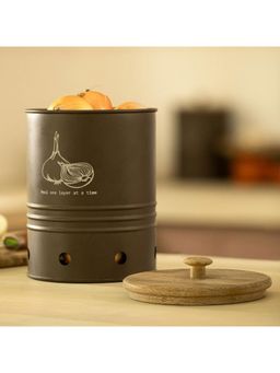 Ellementry - Charcoal Onion Storage Bin With Wooden Lid Brown