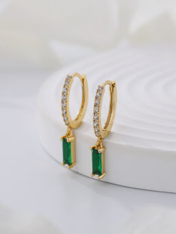 AQUASTREET - Green Zircon Drop Huggie Earrings 18K Gold Plated Waterproof, Anti-Tarnish