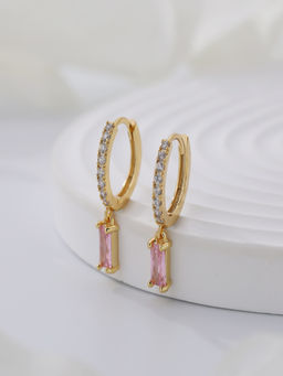 AQUASTREET - Pink Zircon Drop Huggie Earrings 18K Gold Plated Waterproof, Anti-Tarnish
