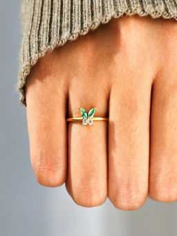 AQUASTREET - Green Zircon Butterfly Midi Ring, Size:7 18K Gold Plated Waterproof, Anti-Tarnish