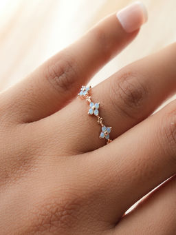 AQUASTREET - Blue Zircon Floral Ring, Size:7 18K Rose Gold Plated Waterproof, Anti-Tarnish