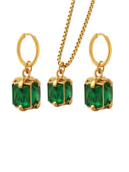 AQUASTREET - Green Box Square Zircon Pendant & Earring Set 18K Plated Anti-Tarnish