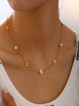 AQUASTREET - 18K Gold Plated Waterproof Anti-Tarnish Clover and Pearl Charm Necklace