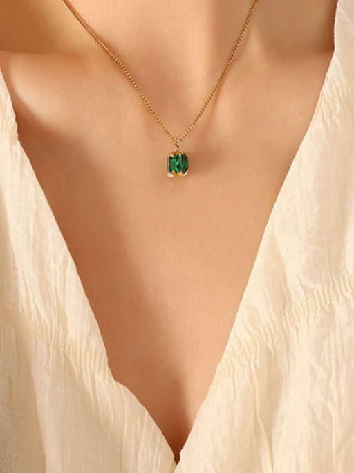 AQUASTREET Green Box Square Zircon Pendant 18K Gold Plated Anti-Tarnish Waterproof