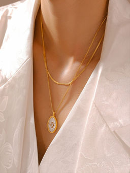 AQUASTREET - Set Of 2 - 18K Plated White Shell Pendant and 2Mm Snake Chain Layered Necklace
