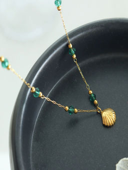 AQUASTREET - Shell and Green Crystal Pendant Necklace 18K Gold Plated Anti-Tarnish Waterproof