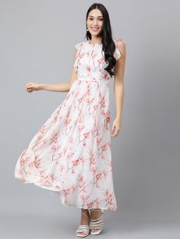 Latin Quarters - White Printed Ruffle Sleeve Casual Dress