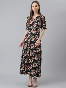 Latin Quarters - Black Printed Half Sleeve Casual Dress
