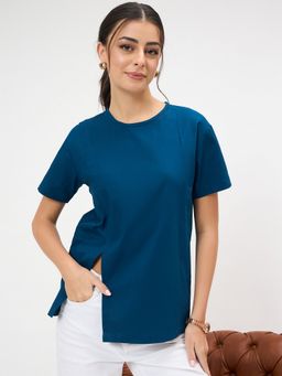 Uptownie - Blue Cotton Top with Side Slit