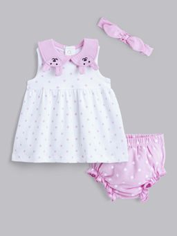 Hopscotch - 2-Pc Polka Dot Pure Cotton White Dress with Panty & Headband