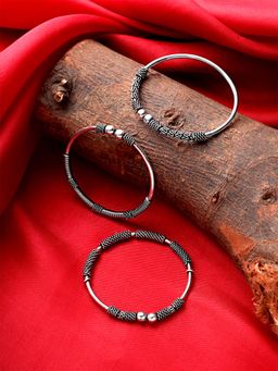 Yellow Chimes - German Silver Oxidised Kolhapuri Stones Open Kada Bracelet set of 3