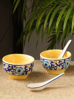 ExclusiveLane - Badamwari Bagheecha' Hand-Painted Ceramic Soup Bowls with Spoons (Set of 2, 380 ml)