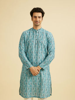 Manyavar - Turquoise Blue Blended Cotton Kurta for Men