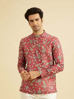 Manyavar - Peach Blended Viscose Short Kurta for Men