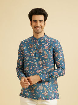 Manyavar - Mid Blue Blended Viscose Short Kurta for Men