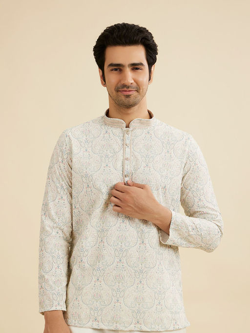 Manyavar White Blended Cotton Short Kurta for Men