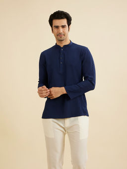 Manyavar - Navy Blue Spandex Short Kurta for Men