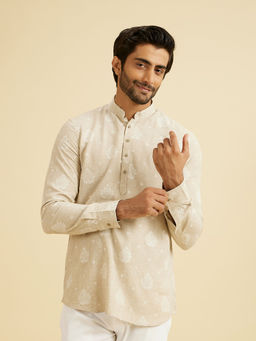 Manyavar - Beige Natural Linen Short Kurta for Men