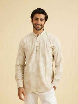 Manyavar - Beige Natural Blended Linen Short Kurta for Men