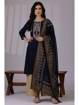 W - Navy Blue Kota Doria Dupatta with Printed Border