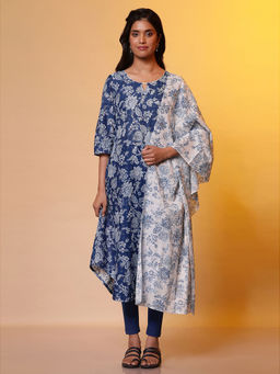 Aurelia - White Floral Printed Cotton Mulmul Dupatta