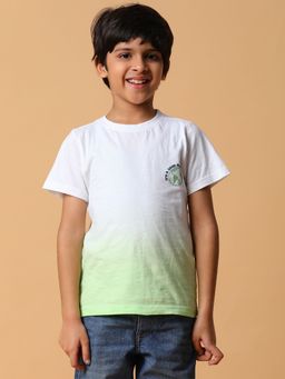 Tales & Stories - White and Neon Green Printed Cotton T-Shirt for Boys