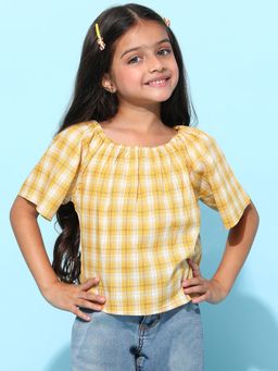 Tales & Stories - Girls Yellow Cotton Checked Regular Fit Top