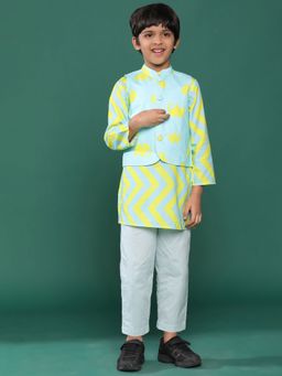 Tales & Stories - Sky Blue Printed Kurta Pant and Waistcoat for Boys (Set of 3)